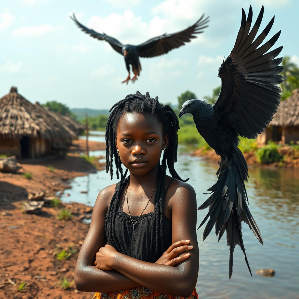 A black African teenage girl with black dreadlocks, standing contemplatively by the pristine river in a rural African village