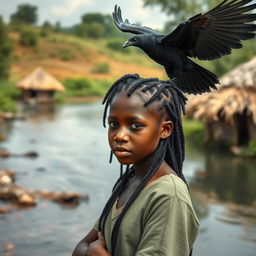 A black African teenage girl with black dreadlocks, standing contemplatively by the pristine river in a rural African village