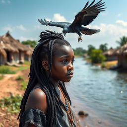 A black African teenage girl with black dreadlocks, standing contemplatively by the pristine river in a rural African village