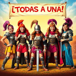 A comedic movie poster featuring a women's medieval wrestling team with five female warriors