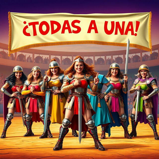 A comedic movie poster featuring a women's medieval wrestling team with five female warriors