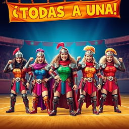 A comedic movie poster featuring a women's medieval wrestling team with five female warriors