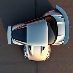 A realistic aerial view of a Nissan GTR car parked on an asphalt surface