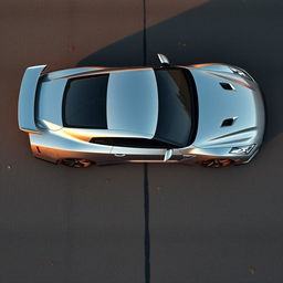 A realistic aerial view of a Nissan GTR car parked on an asphalt surface