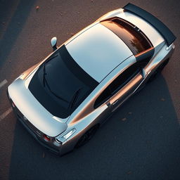 A realistic aerial view of a Nissan GTR car parked on an asphalt surface