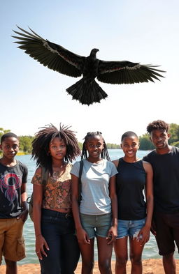 A group of black African teenage friends standing tall by a clean and vibrant river