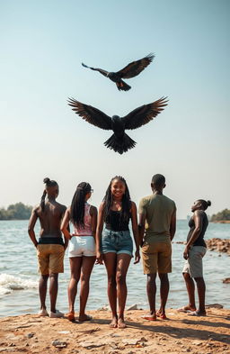 A group of black African teenage friends standing tall by a clean and vibrant river