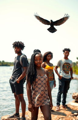 A group of black African teenage friends standing tall by a clean and vibrant river