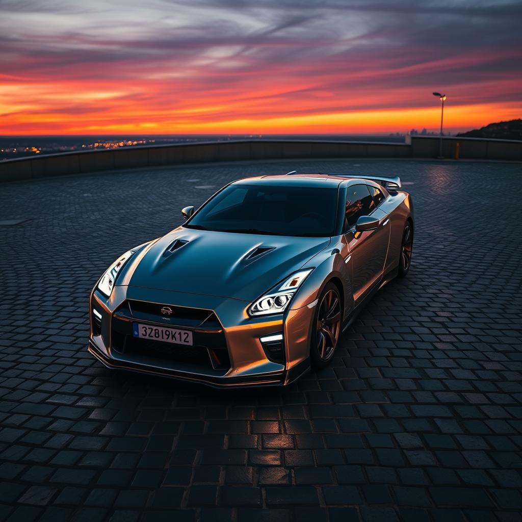 A Nissan GTR captured from an aerial perspective, displaying the vehicle in full detail