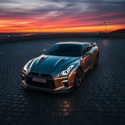 A Nissan GTR captured from an aerial perspective, displaying the vehicle in full detail