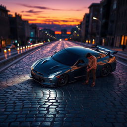 A Nissan GTR captured from an aerial perspective, displaying the vehicle in full detail