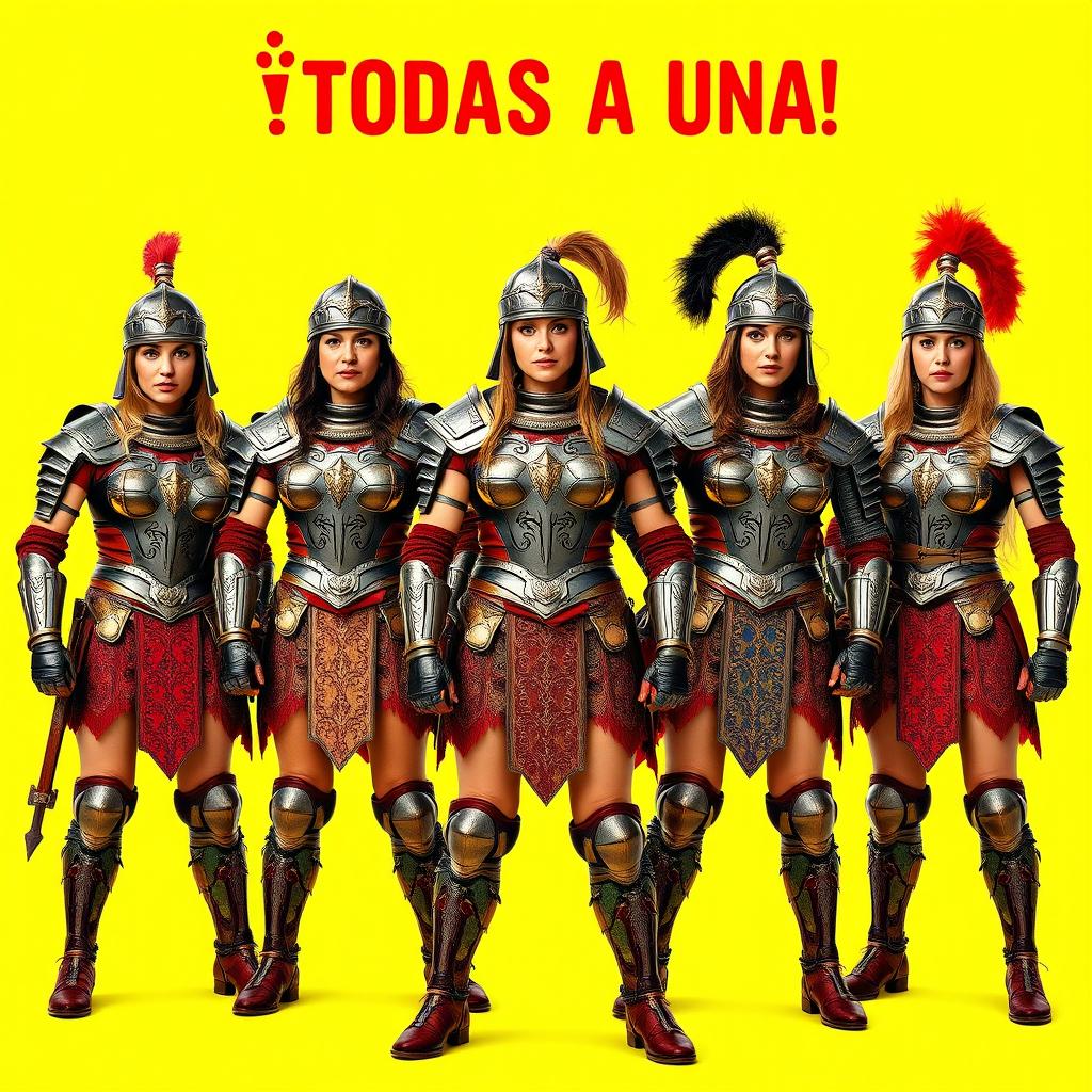 A female medieval wrestling team consisting of five female warriors in full armor, posed together for a humorous movie poster