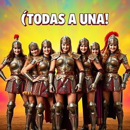 A female medieval wrestling team consisting of five female warriors in full armor, posed together for a humorous movie poster