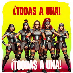 A female medieval wrestling team consisting of five female warriors in full armor, posed together for a humorous movie poster