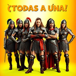 A female medieval wrestling team consisting of five female warriors in full armor, posed together for a humorous movie poster