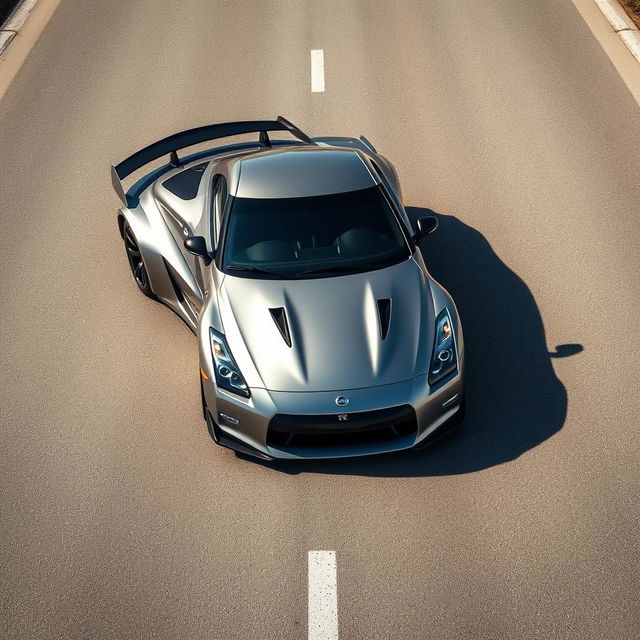 A Nissan GTR seen from a bird's-eye view, capturing the sleek and aerodynamic design of the sports car