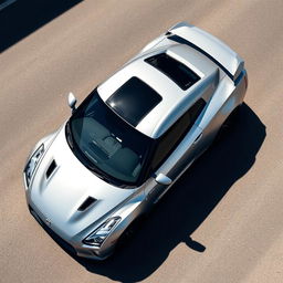 A Nissan GTR seen from a bird's-eye view, capturing the sleek and aerodynamic design of the sports car