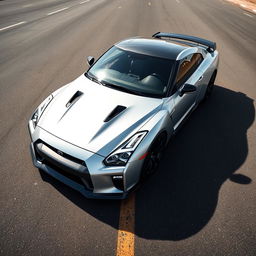 A Nissan GTR seen from a bird's-eye view, capturing the sleek and aerodynamic design of the sports car