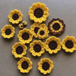 A collection of intricately crocheted flowers with vibrant yellow petals and contrasting brown centers.