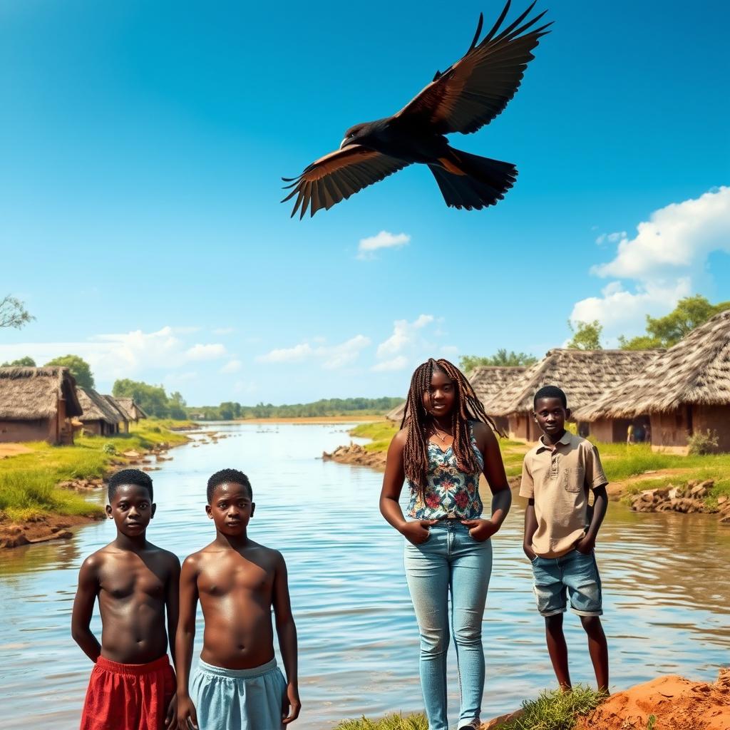 A group of black African teenage friends standing tall by a clean and vibrant river in an African rural village