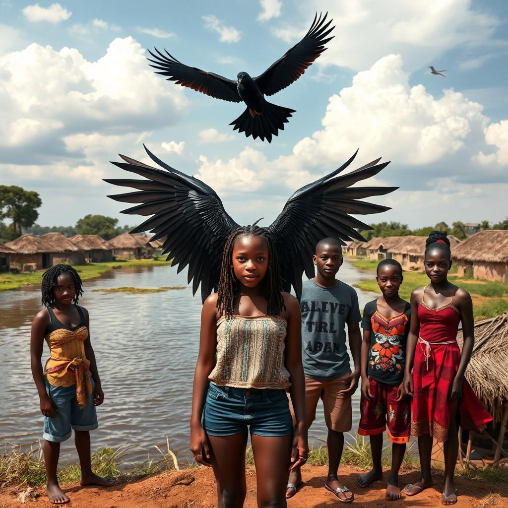 A group of black African teenage friends standing tall by a clean and vibrant river in an African rural village