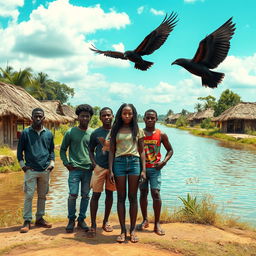 A group of black African teenage friends standing tall by a clean and vibrant river in an African rural village