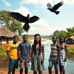 A group of black African teenage friends standing tall by a clean and vibrant river in an African rural village