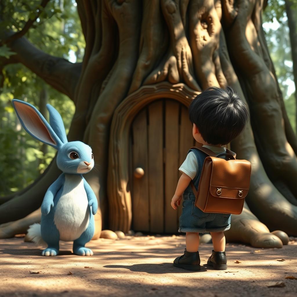 a whimsical adventure scene featuring a blue rabbit and a child wearing a denim short jumper, black shoes, with thick black hair, and a brown leather backpack