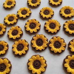 A collection of intricately crocheted flowers with vibrant yellow petals and contrasting brown centers.