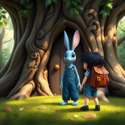 a whimsical adventure scene featuring a blue rabbit and a child wearing a denim short jumper, black shoes, with thick black hair, and a brown leather backpack