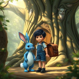 a whimsical adventure scene featuring a blue rabbit and a child wearing a denim short jumper, black shoes, with thick black hair, and a brown leather backpack