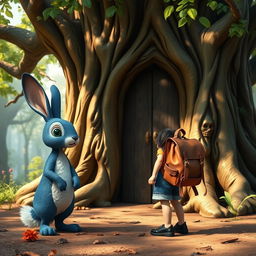 a whimsical adventure scene featuring a blue rabbit and a child wearing a denim short jumper, black shoes, with thick black hair, and a brown leather backpack