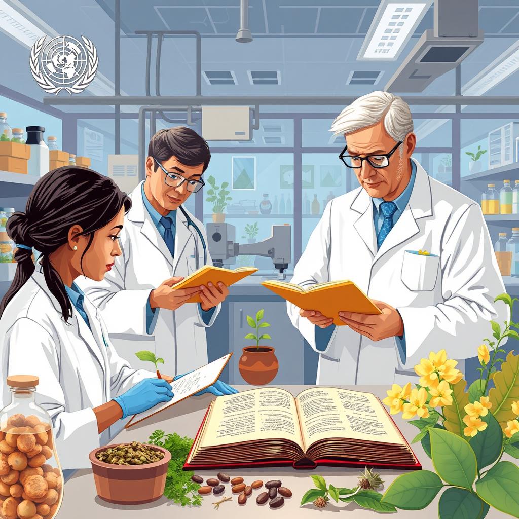 An illustration showing the World Health Organization (WHO) actively researching traditional medicine