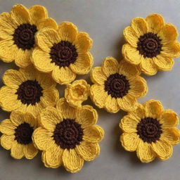 A collection of intricately crocheted flowers with vibrant yellow petals and contrasting brown centers.