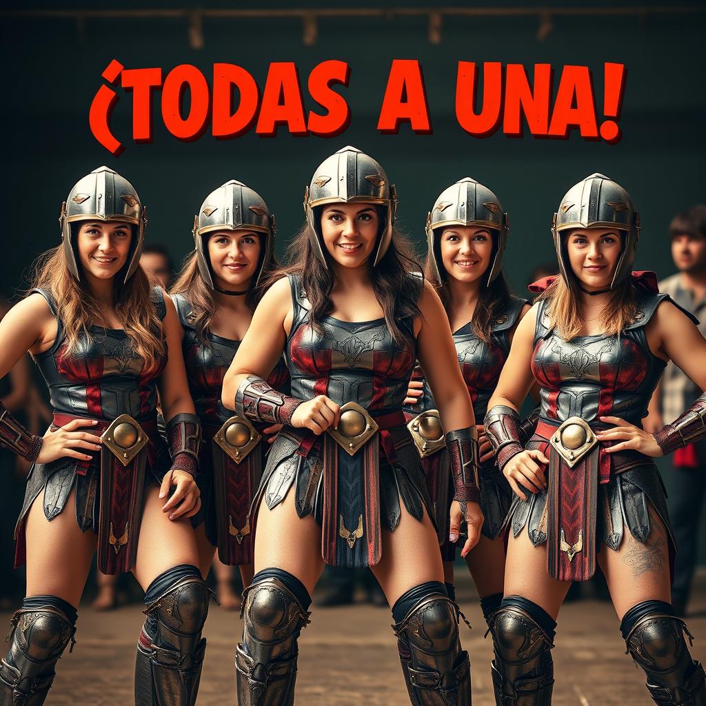 A female medieval wrestling team composed of five warriors, each with unique and not traditionally pretty features