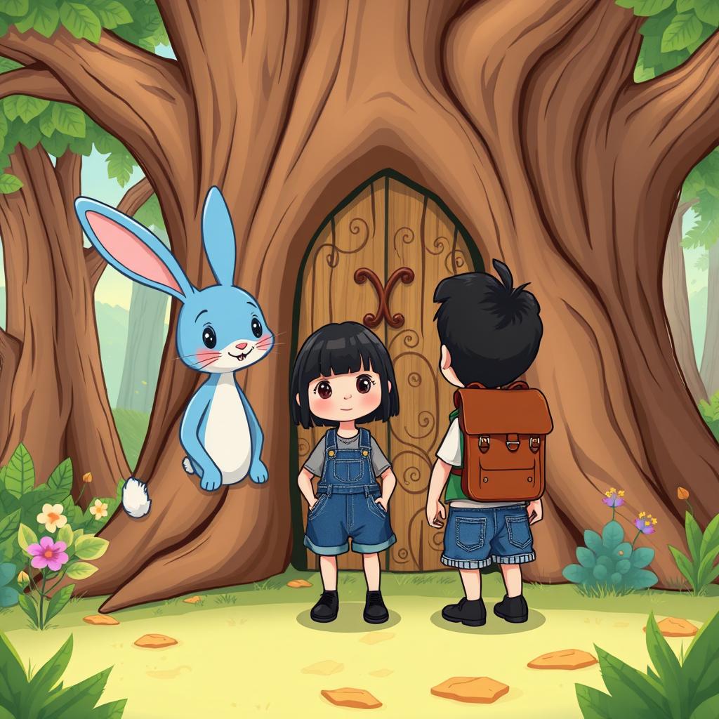 a cartoon illustration of a whimsical adventure featuring a blue rabbit and a young child wearing a denim short jumper, black shoes, with thick black hair, and a brown leather backpack