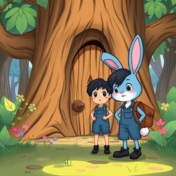 a cartoon illustration of a whimsical adventure featuring a blue rabbit and a young child wearing a denim short jumper, black shoes, with thick black hair, and a brown leather backpack