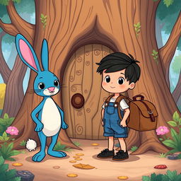 a cartoon illustration of a whimsical adventure featuring a blue rabbit and a young child wearing a denim short jumper, black shoes, with thick black hair, and a brown leather backpack