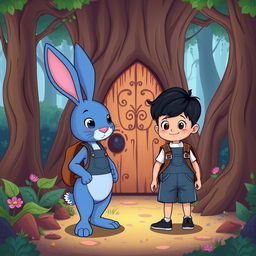 a cartoon illustration of a whimsical adventure featuring a blue rabbit and a young child wearing a denim short jumper, black shoes, with thick black hair, and a brown leather backpack