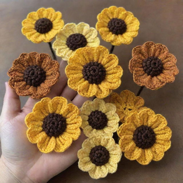 A collection of intricately crocheted flowers with vibrant yellow petals and contrasting brown centers.