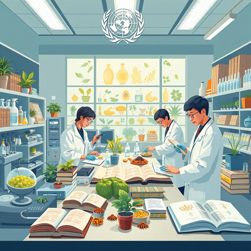 An illustration of the World Health Organization (WHO) actively researching traditional medicine