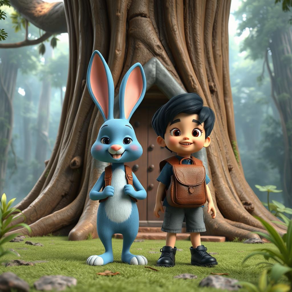 a 3D cartoon adventure scene featuring a lively blue rabbit and a child dressed in a denim short jumper, black shoes, with thick black hair, carrying a brown leather backpack