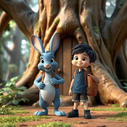 a 3D cartoon adventure scene featuring a lively blue rabbit and a child dressed in a denim short jumper, black shoes, with thick black hair, carrying a brown leather backpack