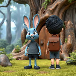 a 3D cartoon adventure scene featuring a lively blue rabbit and a child dressed in a denim short jumper, black shoes, with thick black hair, carrying a brown leather backpack