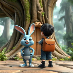 a 3D cartoon adventure scene featuring a lively blue rabbit and a child dressed in a denim short jumper, black shoes, with thick black hair, carrying a brown leather backpack