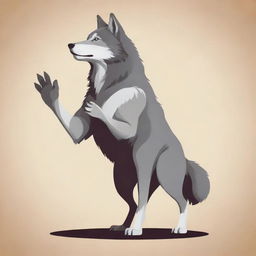 A stylishly designed, vector-art illustration of a standing wolf, its front paw raised in a warm greeting, encapsulating a friendly 'hi'.