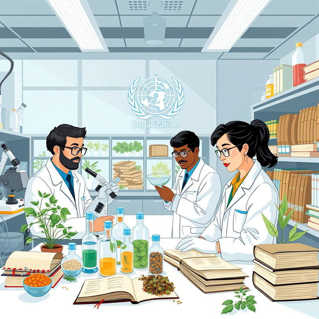 An illustration of the World Health Organization (WHO) engaging in research on traditional medicine