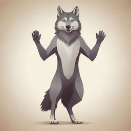 A stylishly designed, vector-art illustration of a standing wolf, its front paw raised in a warm greeting, encapsulating a friendly 'hi'.