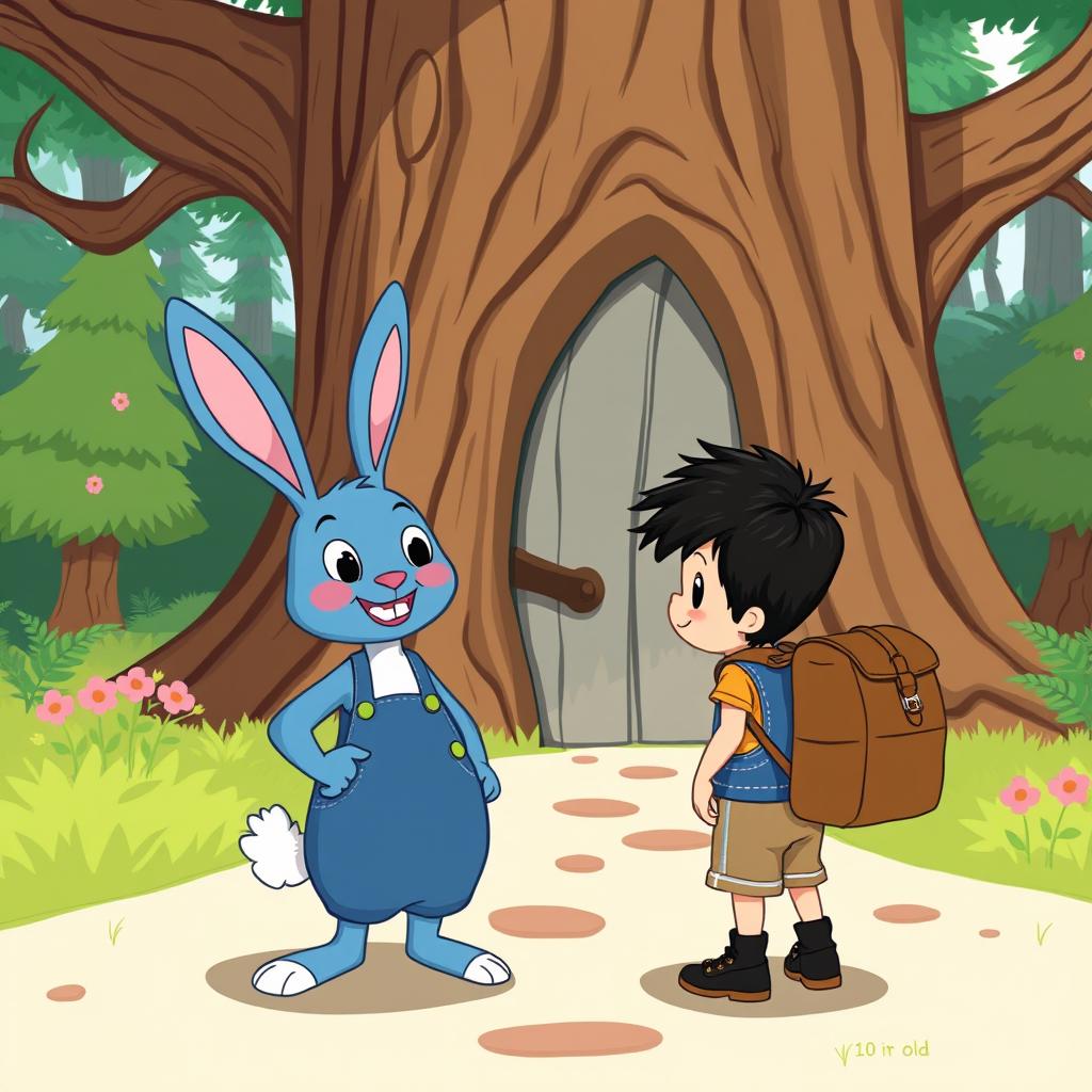 a playful cartoon scene depicting the adventure of a blue rabbit and a young boy, about 10 years old, wearing a denim short jumper, black shoes, thick black hair, and a brown leather backpack