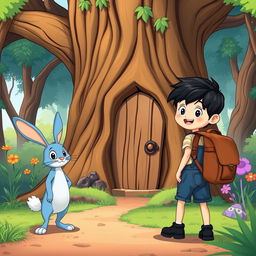 a playful cartoon scene depicting the adventure of a blue rabbit and a young boy, about 10 years old, wearing a denim short jumper, black shoes, thick black hair, and a brown leather backpack